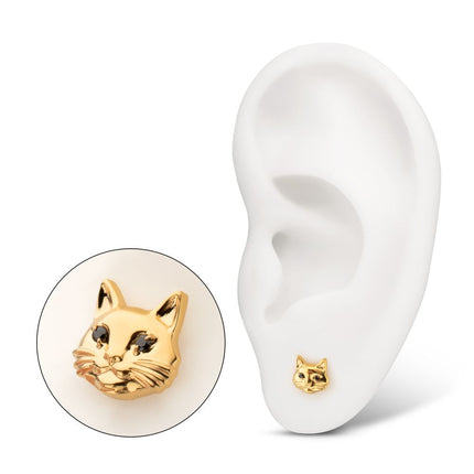 Invictus 24kt Gold PVD Titanium Threadless Midnight Cat Top with Prong Set Black Gem Eyes