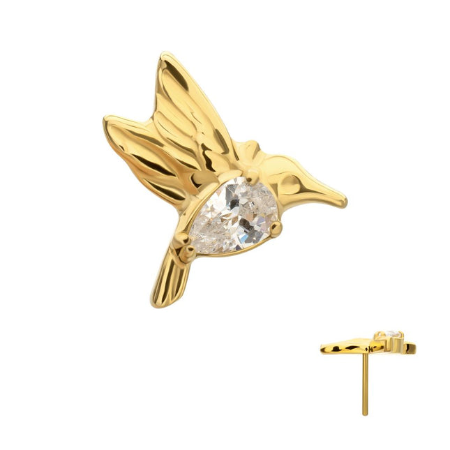 Invictus 24kt Gold PVD Titanium Threadless Prong Set Teardrop Gem Hummingbird Top