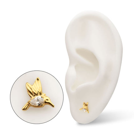 Invictus 24kt Gold PVD Titanium Threadless Prong Set Teardrop Gem Hummingbird Top