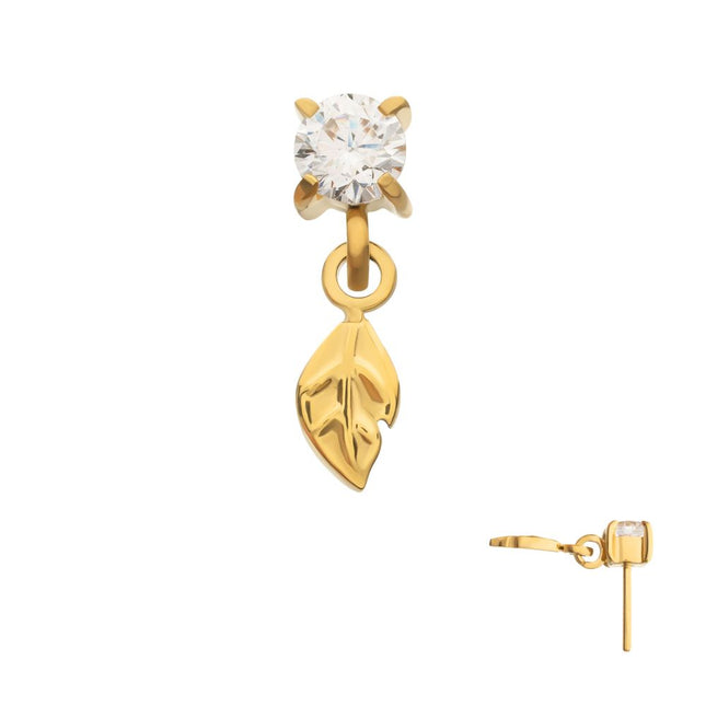 Invictus 24kt Gold PVD Titanium Threadless 4-Prong Set Gem Top with Leaf Dangle