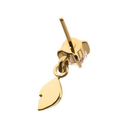 Invictus 24kt Gold PVD Titanium Threadless 4-Prong Set Gem Top with Leaf Dangle