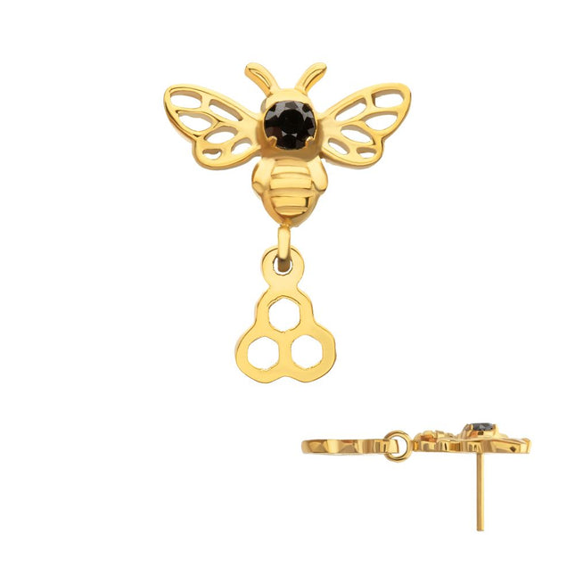 Invictus 24kt Gold PVD Titanium Threadless Prong Set Black Gem Bee Top with Honeycomb Dangle