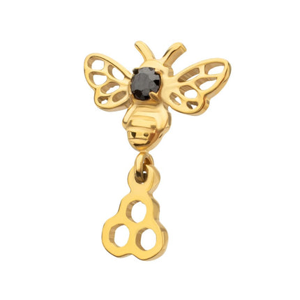 Invictus 24kt Gold PVD Titanium Threadless Prong Set Black Gem Bee Top with Honeycomb Dangle