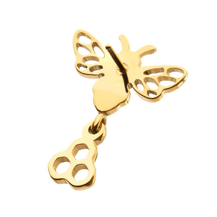 Invictus 24kt Gold PVD Titanium Threadless Prong Set Black Gem Bee Top with Honeycomb Dangle