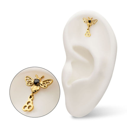Invictus 24kt Gold PVD Titanium Threadless Prong Set Black Gem Bee Top with Honeycomb Dangle