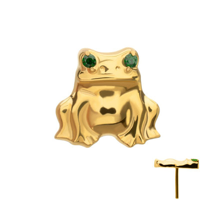 Invictus 24kt Gold PVD Titanium Threadless Prong Set Emerald Green Gem Frog Top