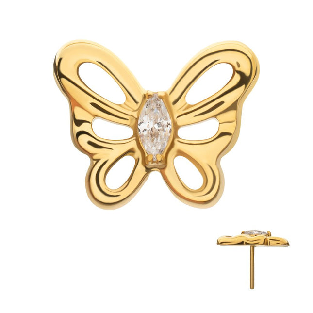 Invictus 24kt Gold PVD Titanium Threadless Prong Set Marquise Gem Cut Out Flutter Butterfly Top