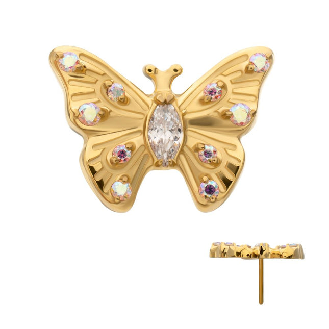 Invictus 24kt Gold PVD Titanium Threadless Prong Set Gem Multi-Gem Butterfly Top
