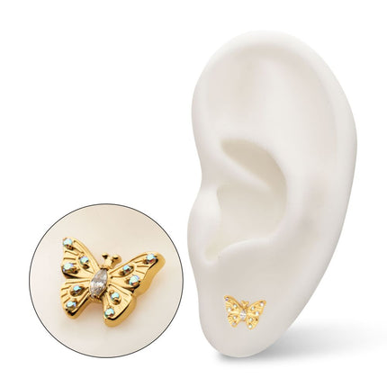 Invictus 24kt Gold PVD Titanium Threadless Prong Set Gem Multi-Gem Butterfly Top