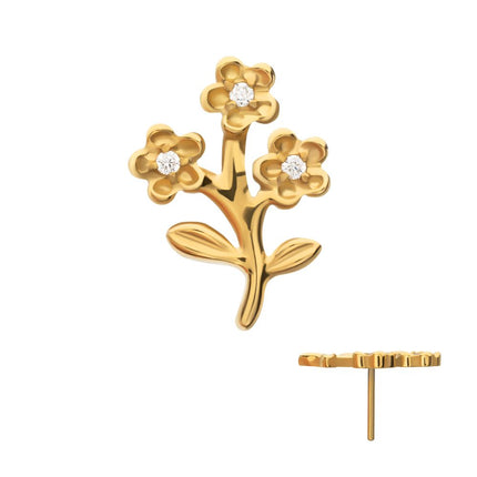 Invictus 24kt Gold PVD Titanium Threadless Prong Set Gem Triple Flower & Stem Top