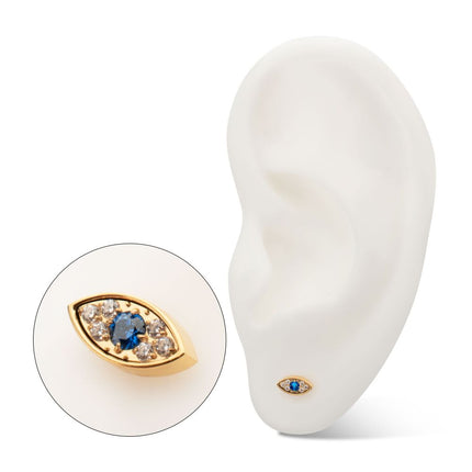 Invictus 24kt Gold PVD Titanium Threadless Evil Eye Top with Blue & Clear CZ Gem