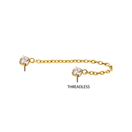 Invictus 24Kt Gold PVD Titanium Threadless Double Prong Set Gem Top with Rolo Chain Dangle