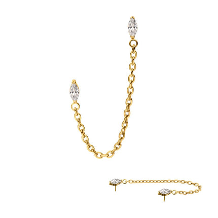 Invictus 24Kt Gold PVD Titanium Threadless Double Prong Set Marquise Gem Top with Rolo Chain Dangle