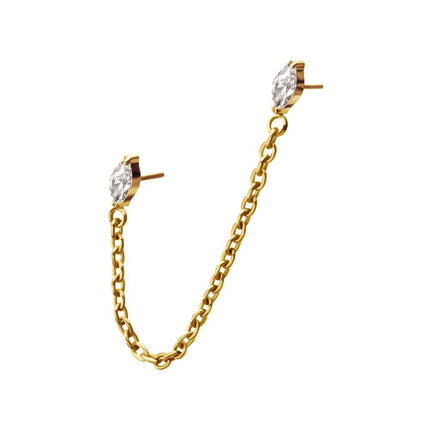 Invictus 24Kt Gold PVD Titanium Threadless Double Prong Set Marquise Gem Top with Rolo Chain Dangle