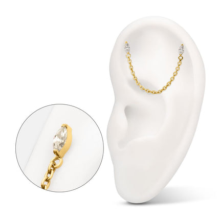 Invictus 24Kt Gold PVD Titanium Threadless Double Prong Set Marquise Gem Top with Rolo Chain Dangle
