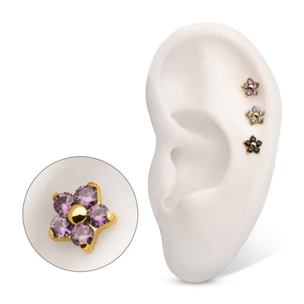 Invictus 24Kt Gold PVD Titanium Threadless Prong Set Gem 5-Petal Flower Top