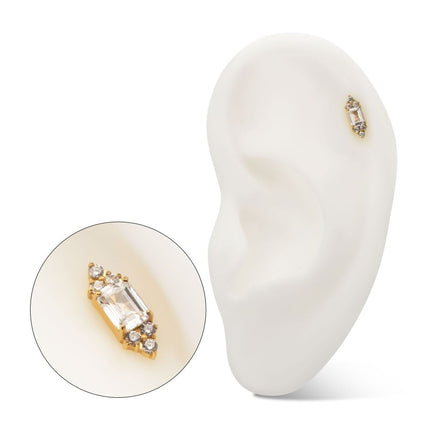 Invictus 24kt Gold PVD Titanium Threadless Hexagon Top with Prong Set Round & Baguette Gem