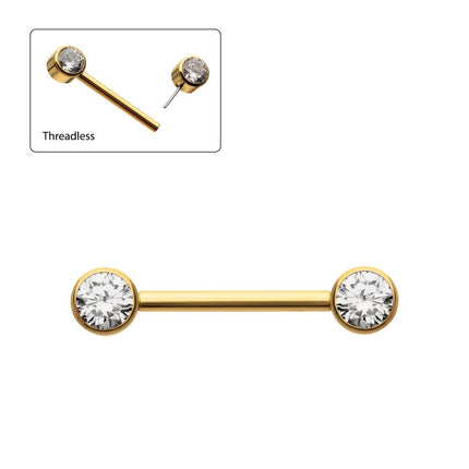Invictus 24Kt Gold PVD Titanium Threadless Bezel Set Gem End Nipple Barbell (One Side Fixed, One Side Threadless ) | Sold by piece