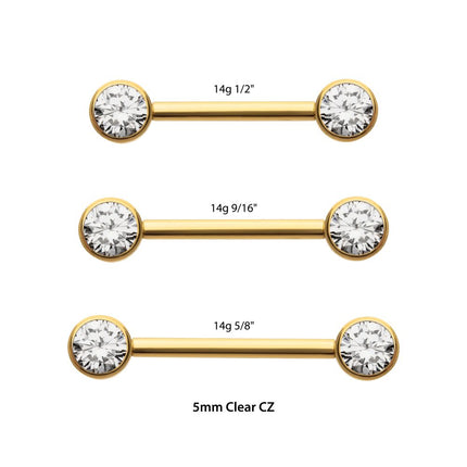 Invictus 24Kt Gold PVD Titanium Threadless Bezel Set Gem End Nipple Barbell (One Side Fixed, One Side Threadless ) | Sold by piece