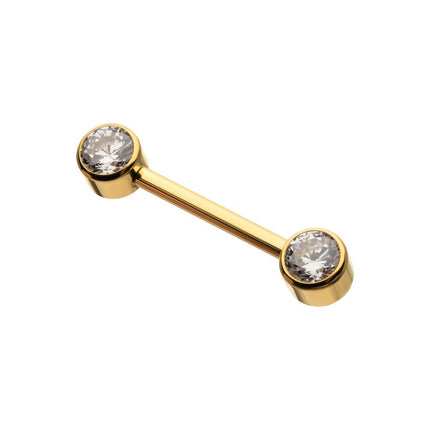 Invictus 24Kt Gold PVD Titanium Threadless Bezel Set Gem End Nipple Barbell (One Side Fixed, One Side Threadless ) | Sold by piece