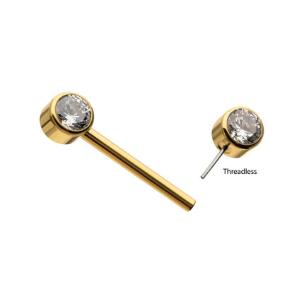Invictus 24Kt Gold PVD Titanium Threadless Bezel Set Gem End Nipple Barbell (One Side Fixed, One Side Threadless ) | Sold by piece