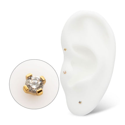 Invictus 24Kt Gold PVD Titanium Threadless Flat Base Low Profile 4 Prong Round Gem Top