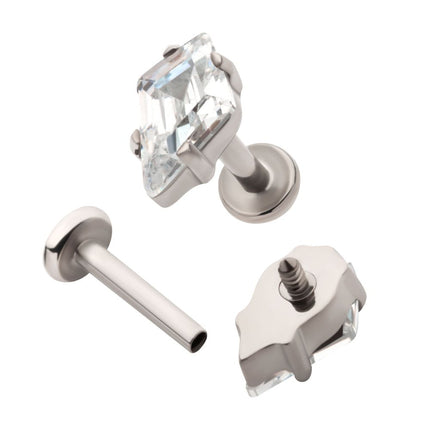 Invictus Titanium Internally Threaded Flat Base Labret with Prong Set Kite Shape CZ Top