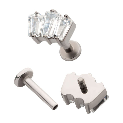 Invictus Titanium Internally Threaded Flat Base Labret with Prong Set Baguette CZ 3-Cluster Top