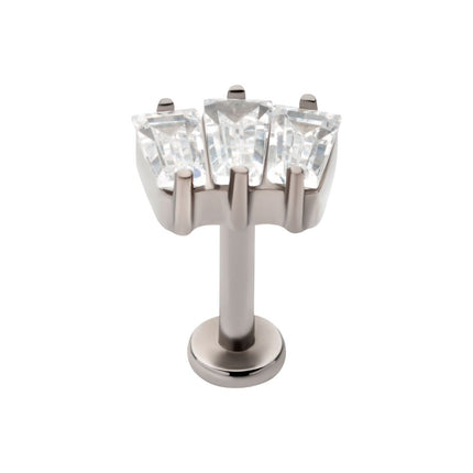 Invictus Titanium Internally Threaded Flat Base Labret with Prong Set Baguette CZ 3-Cluster Top