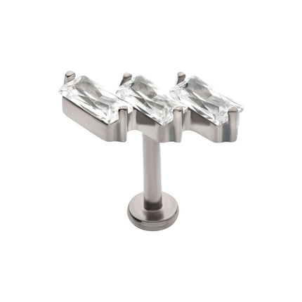 Invictus Titanium Internally Threaded Flat Base Labret with Prong Set Baguette CZ Diagonal 3-Cluster Top