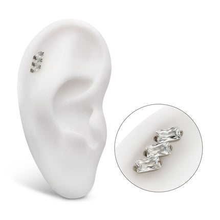 Invictus Titanium Internally Threaded Flat Base Labret with Prong Set Baguette CZ Diagonal 3-Cluster Top