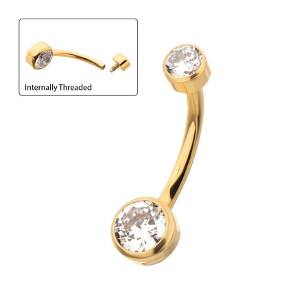 Invictus 24Kt Gold PVD Titanium Internally Threaded Double Bezel Round with Smooth Rounded Back & Fixed Bottom Navel