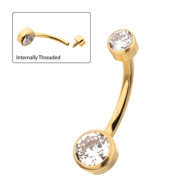 Invictus 24Kt Gold PVD Titanium Internally Threaded Double Bezel Round with Smooth Rounded Back & Fixed Bottom Navel