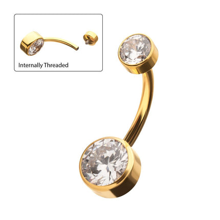 Invictus 24Kt Gold PVD Titanium Internally Threaded Double Bezel Round with Smooth Rounded Back & Fixed Bottom Navel
