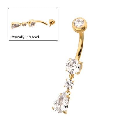 Invictus 24Kt Gold PVD Titanium Internally Threaded Double Dangle Prong Set Round and Teardrop Gem Navel
