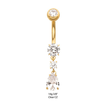 Invictus 24Kt Gold PVD Titanium Internally Threaded Double Round Prong Set Gem with Teardrop Dangle Navel