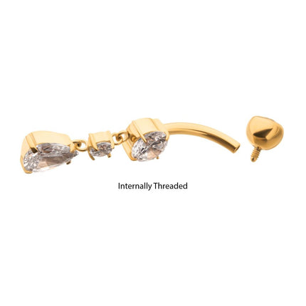 Invictus 24Kt Gold PVD Titanium Internally Threaded Double Dangle Prong Set Round and Teardrop Gem Navel