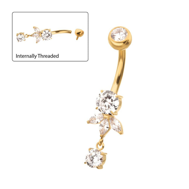 Invictus 24Kt Gold PVD Titanium Internally Threaded Prong Set Round and Triple Marquise Fan Navel with Gem Dangle