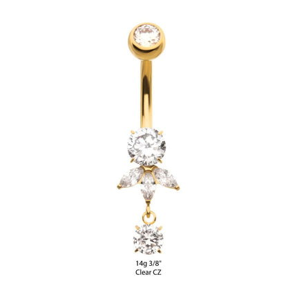 Invictus 24Kt Gold PVD Titanium Internally Threaded Prong Set Round and Triple Marquise Fan Navel with Gem Dangle