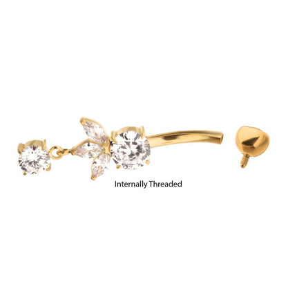 Invictus 24Kt Gold PVD Titanium Internally Threaded Prong Set Round and Triple Marquise Fan Navel with Gem Dangle