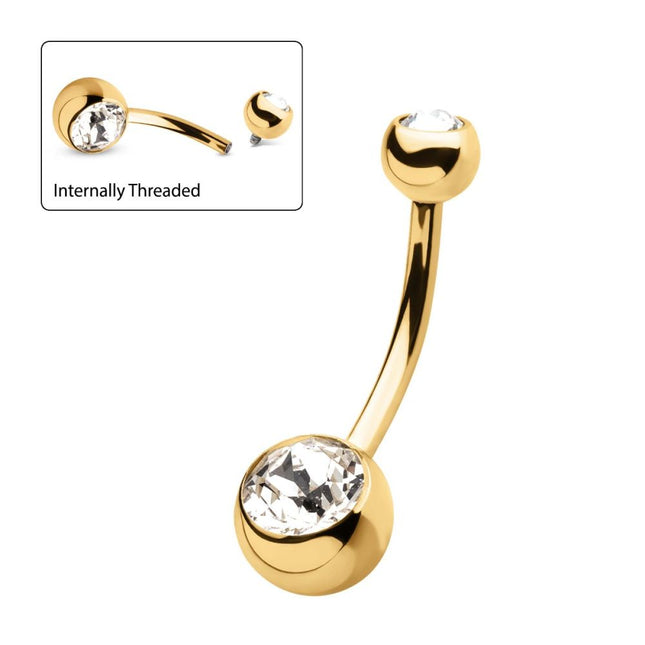 Invictus 24Kt Gold PVD Titanium Internally Threaded Double Bezel Set Swarovski Crystal Fixed Bottom Navel