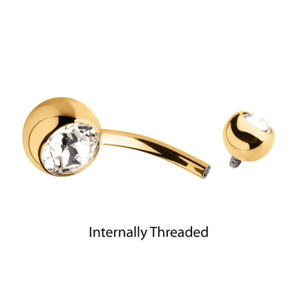 Invictus 24Kt Gold PVD Titanium Internally Threaded Double Bezel Set Swarovski Crystal Fixed Bottom Navel