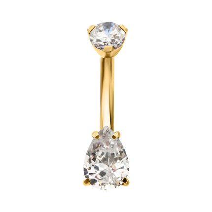 Invictus 24Kt Gold PVD Titanium Internally Threaded Double Teardrop with 4-Prong Bottom Gem Fixed Bottom Navel