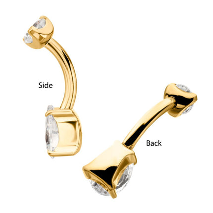 Invictus 24Kt Gold PVD Titanium Internally Threaded Double Teardrop with 4-Prong Bottom Gem Fixed Bottom Navel