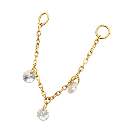 Invictus 24Kt Gold PVD Titanium Triple Round Floating CZ Gem Rolo Chain Dangle