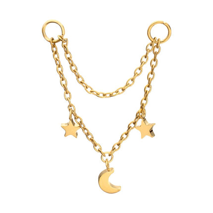 Invictus 24Kt Gold PVD Titanium Double Star & Crescent Moon 2-Tier Rolo Chain Dangle