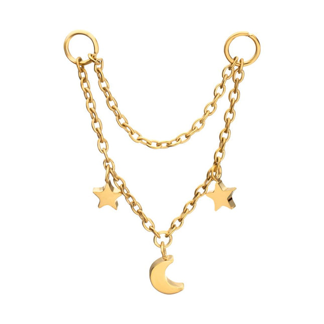 Invictus 24Kt Gold PVD Titanium Double Star & Crescent Moon 2-Tier Rolo Chain Dangle