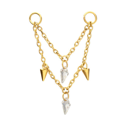 Invictus 24Kt Gold PVD Titanium Double Spike & Kite Gem 2-Tier Chain Dangle
