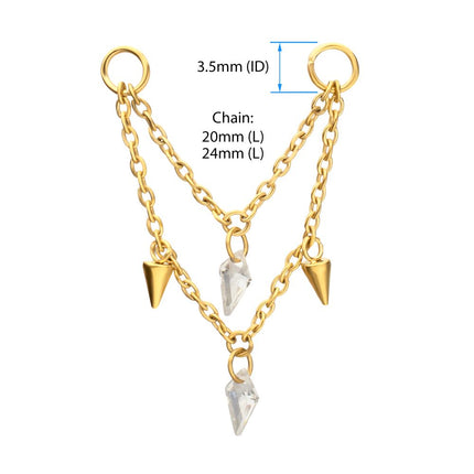 Invictus 24Kt Gold PVD Titanium Double Spike & Kite Gem 2-Tier Chain Dangle