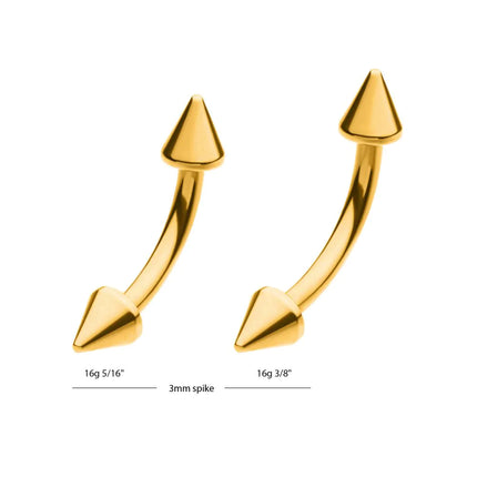 Invictus 24KT Gold PVD Titanium Internally Threaded Spike End Curved Barbell